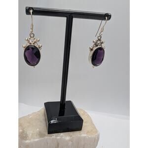 Sterling Silver 925 Amethyst Dangle Earrings Oval Gemstone Hook Style 7.5g